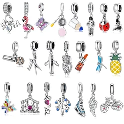 100% Genuine 925 Sterling Silver Flamingo Microphone Scissors Plane DIY Beads Fit Original Women Charms Bracelet Jewelry Making