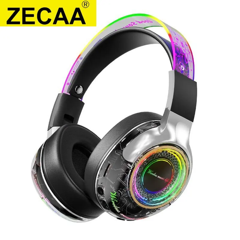 

ZECAA Transparent Bluetooth Wireless Headphone 5.3 Head On Earphones HiFi Sound Video Game Headphone With Colorful RGB Light