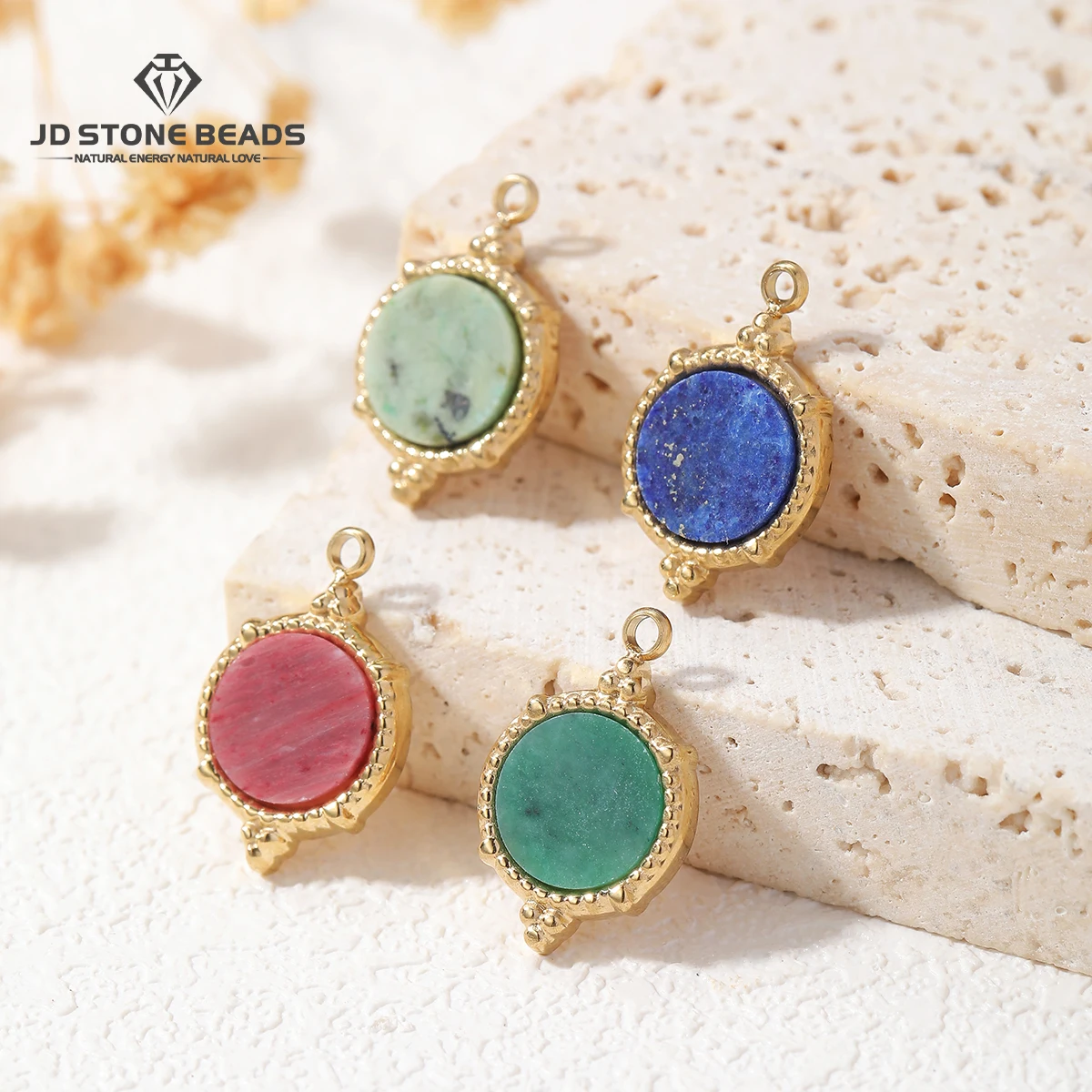 14K Gold Plated 304 Stainless Steel Amazonite Pendant Mirror Polish Round Disc Charm Eco Friendly Gemstone Jewelry Making Charms