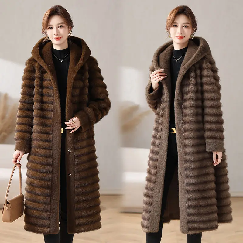 

Face Mink Fur Striped Long Coat Autumn Winter Women's Pattern Slim Fit Winter Warm Jacket With Hoodie Ladies Overcoat Outerwear