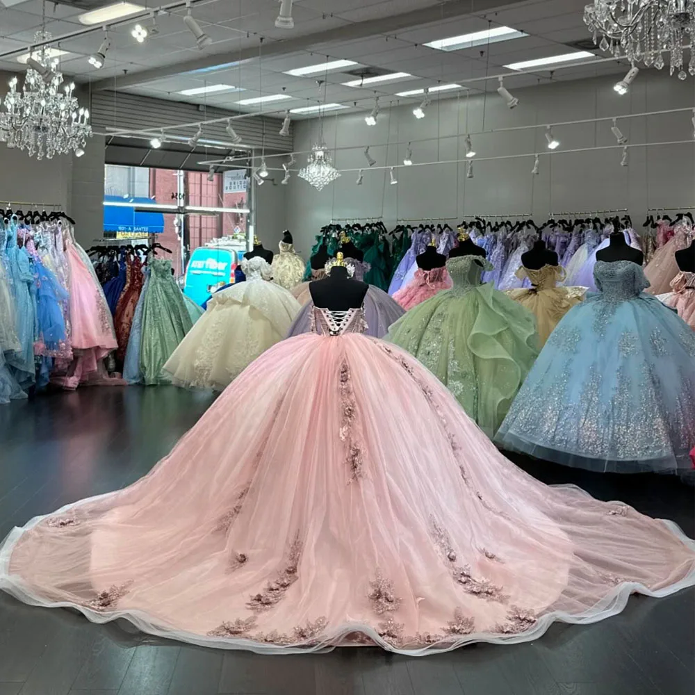 

Роскошные розовые мексиканские платья Quinceanera с открытыми плечами аппликация кружева бусины Tull vestido 15 De корсет на шнуровке для выпускного вечера Sweet 16