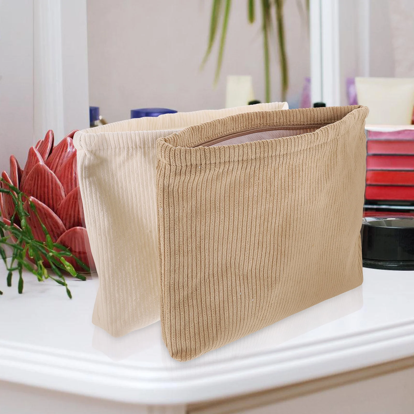 

2 Pcs Bags Corduroy Canvas Milk White Khaki Travel Storage ganizer Portable Makeup Bag Pouch Women Portable Bag