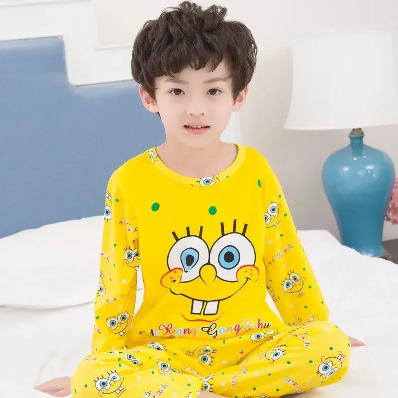 SpongeBob Pajamas Children Set Cartoon Anime Long Sleeves Long Trousers Suit Baby Autumn Warmth Homewear Girl Boy Cute Clothes