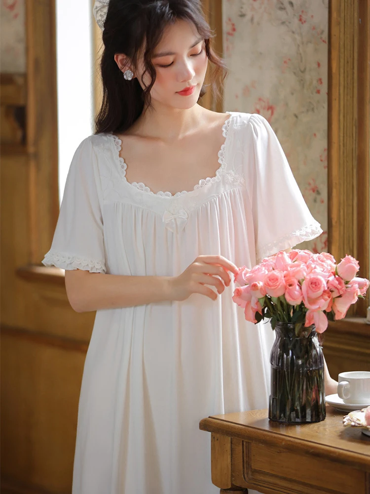 

Short-sleeved nightgown for women, summer cotton, court-style lace princess pajamas, loose, large-sized, soft home wear