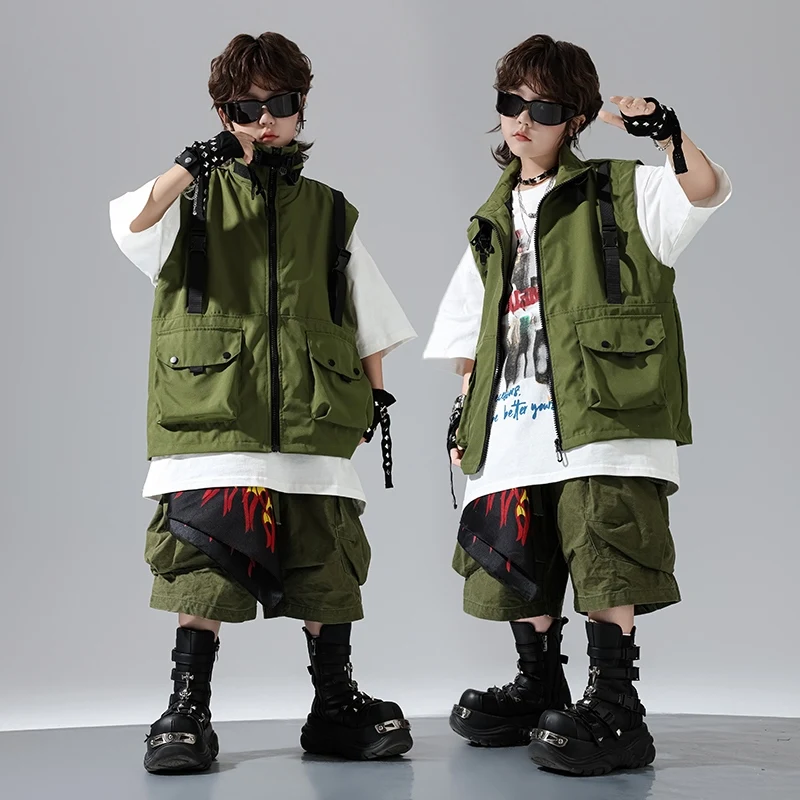 

2025 Children Ballroom Hip Hop Dance Costumes For Girls Loose Vest Shorts Drum Sets Boys Jazz Performance Show Clothes DQS19866