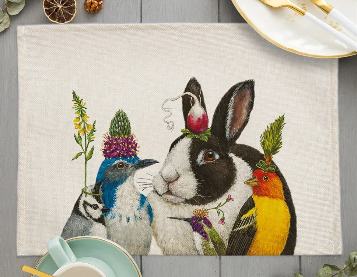 Cute Animal Placemat Bird Owl Linen Dining Table Mats Bunny Squirrel Coaster Pad Bowl Coffee Cup Mat Tablecloth 45x32CM