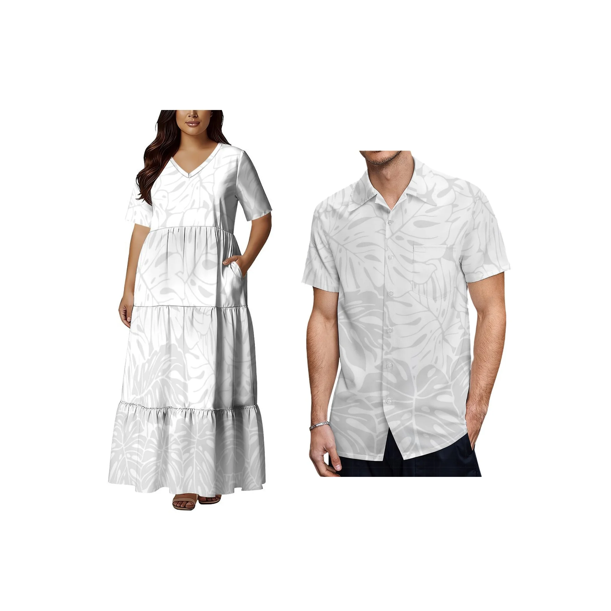 

Wholesale Price Custom Women V-neck Dress White Sunday Polynesian Short Sleeve Multi Tiered Dress Ladies With Pocket Prom Dress