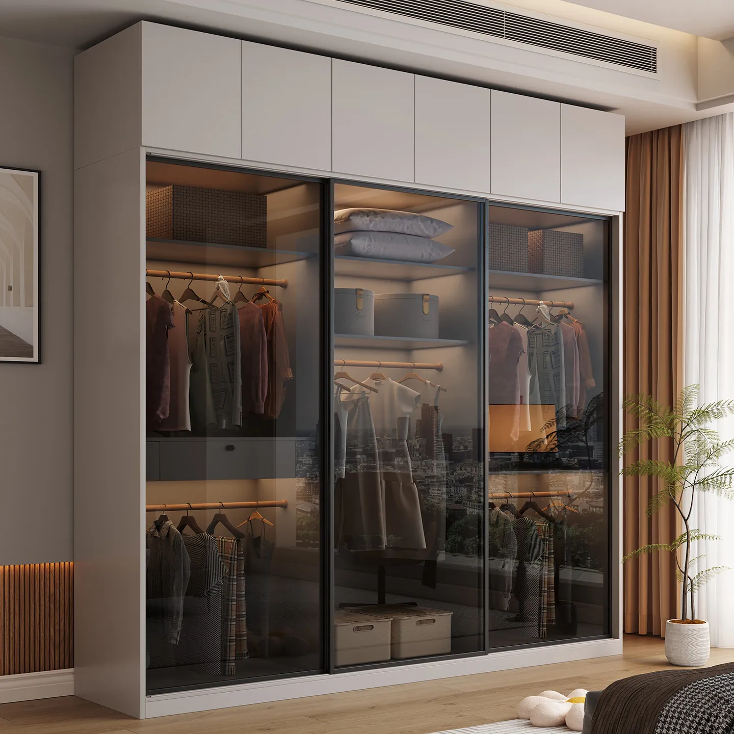 Wardrobe Home ENF Thickened European Pine Board Sliding Door Minimalist Modern Cabinet Glass Door Bedroom Storage Large Closet