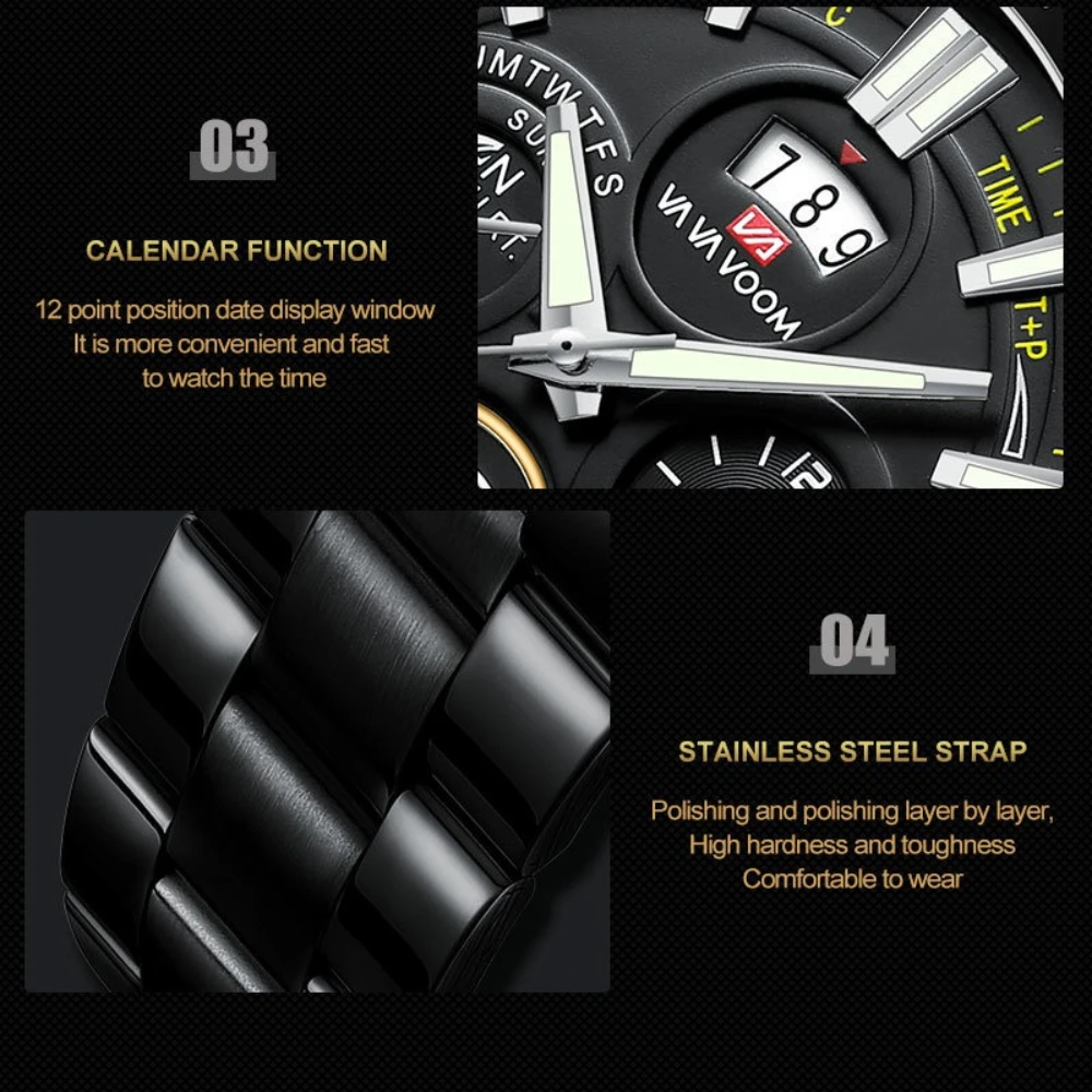 นาฬิกาข้อมือผู้ชาย VA VA VOOM 2421 รุ่นหรูหรา ดีไซน์ทูร์บิญอง เรืองแสง กันน้ำ พร้อมปฏิทิน นาฬิกาควอตซ์ สำหรับผู้ชาย Relogio Masculino