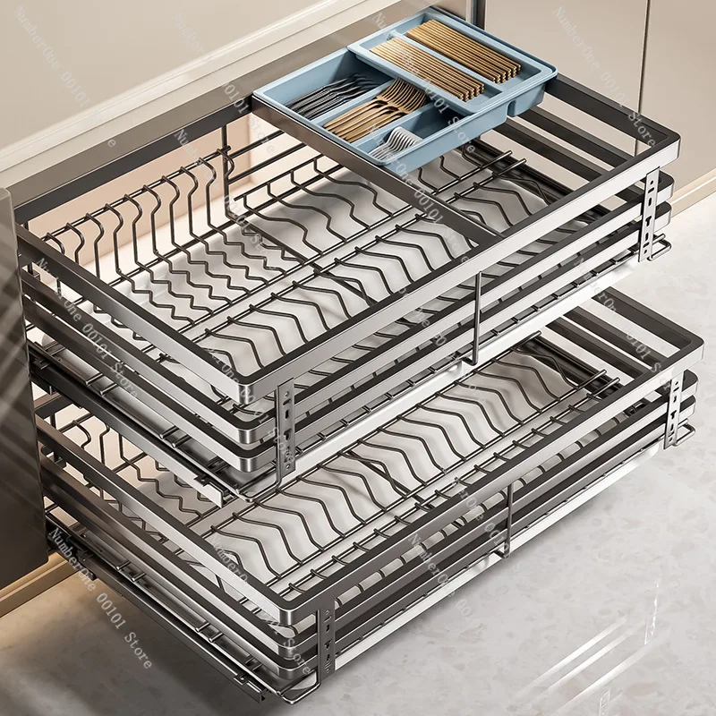 Pull Basket Kitchen Cabinet Bowl Basket 304 Stainless Steel Double Drawer Storage Basket