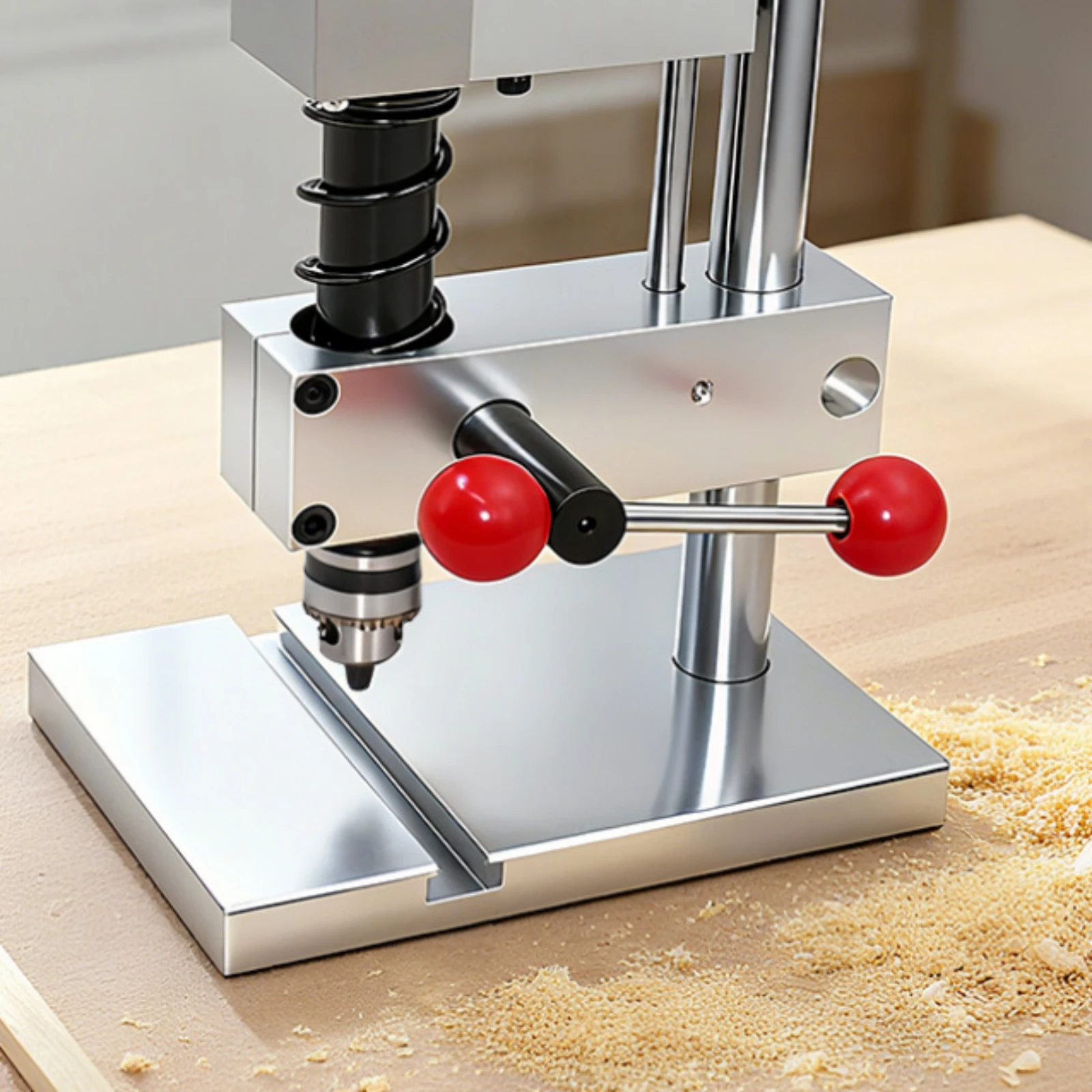 Mini Bench Drill Press Compact Mini Drill Press Benchtop Drilling Machine Silver and Black Workshop Equipment Red Control Knobs