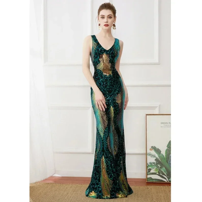 Neue Frauen Gatsby Kleid Cocktail Meerjungfrau Gatsby Kleid 1920s Flapper Cocktail Meerjungfrau langes Abendkleid (grün/gold/rot/schwarz)