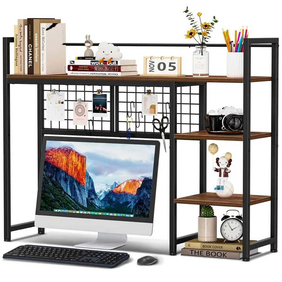

Desk Shelf, 38.6 Desktop Organizer Shelf, Desk Hutch for Computer Monitor, 4 Tier Desk Display Rack with Pegboard Hooks Set, Woo