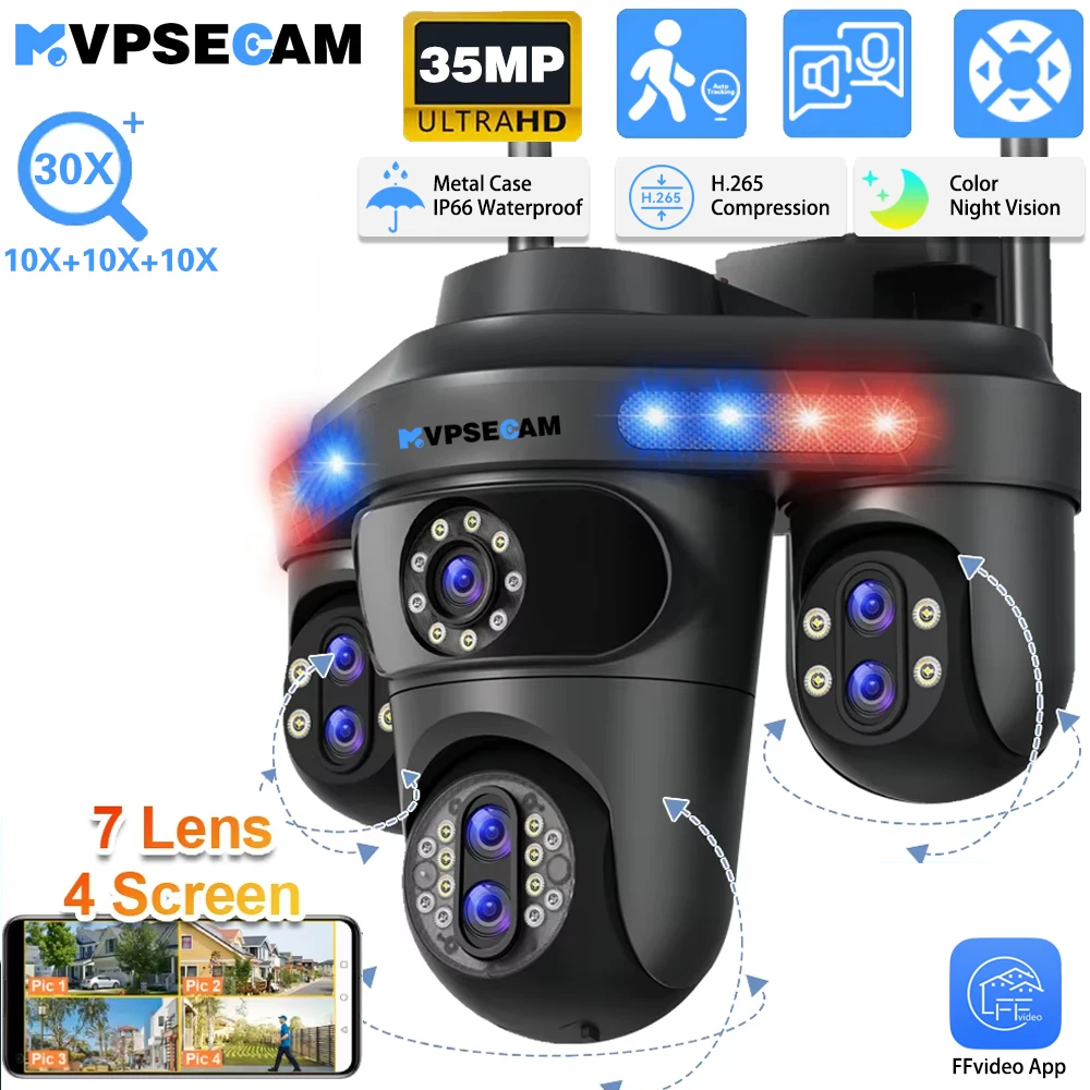 Telecamera di sicurezza WiFi a quattro schermi da 35 MP Telecamera esterna a sette obiettivi Tre telecamere PTZ con zoom ottico 10X Telecamera CCTV a due audio con tracciamento automatico
