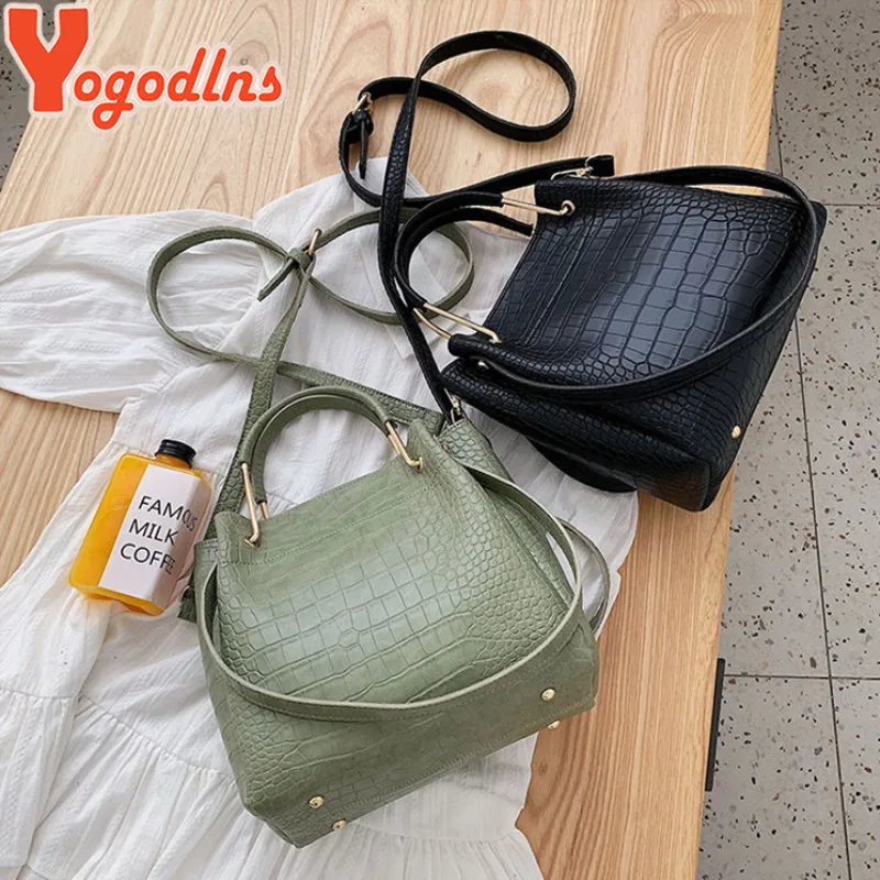 Yogodlns Crocodile Pattern Bucket Bag Women Bag Fashion Handle Bag Ladies Shoulder Bag Female Alligator Crossbody Bag