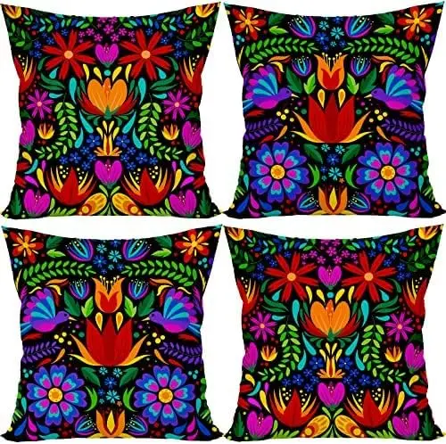 Mexican Fiesta Throw Pillow Covers  Set of 4 Dragonfly Flower Dahlia Pillow Case Day of The Dead Dia De Los  Cinco