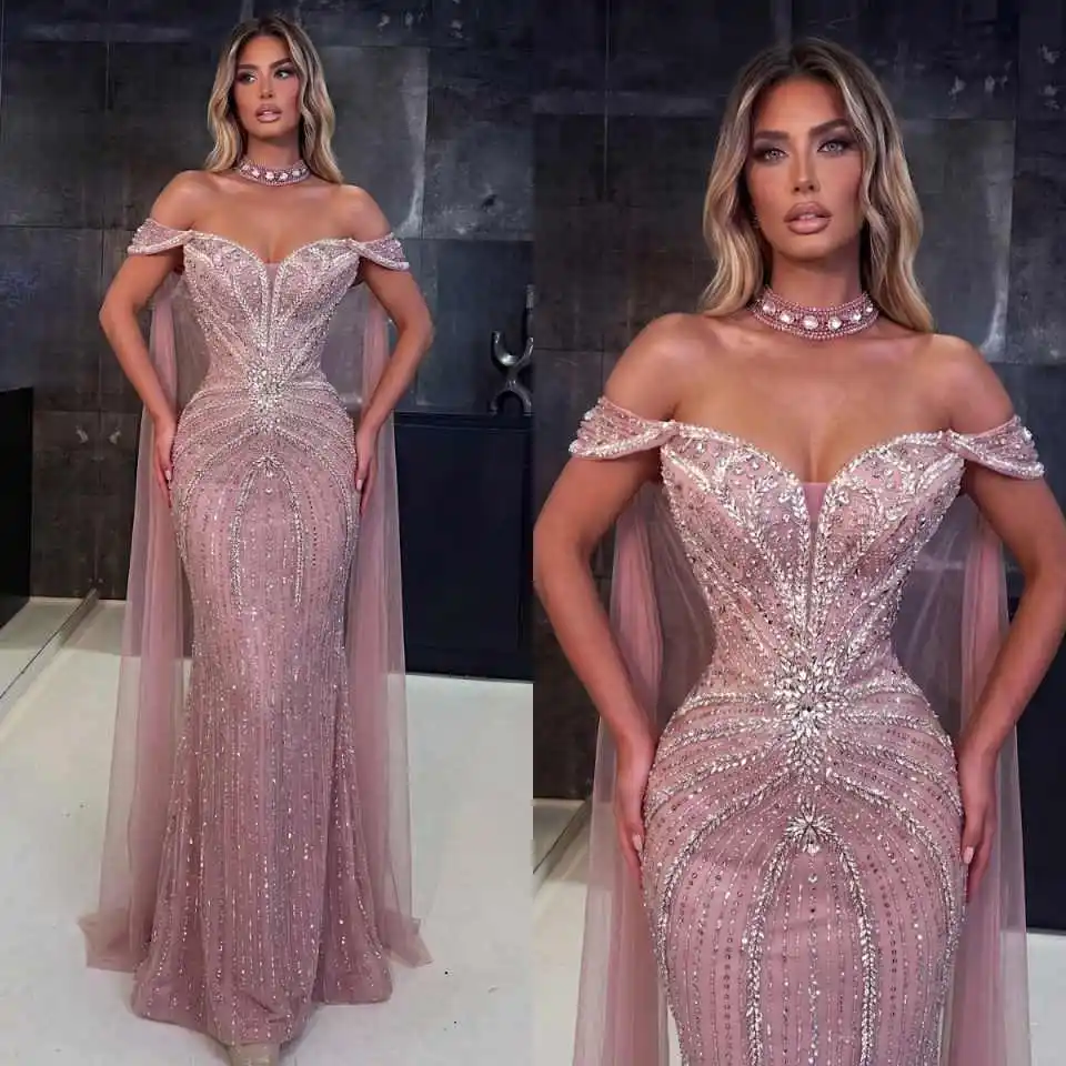 

Exquisite Crystals Mermaid Evening Dresses Off Shoulder Sleeveless Prom Gowns Floor Length Vestidos De Noche Customized