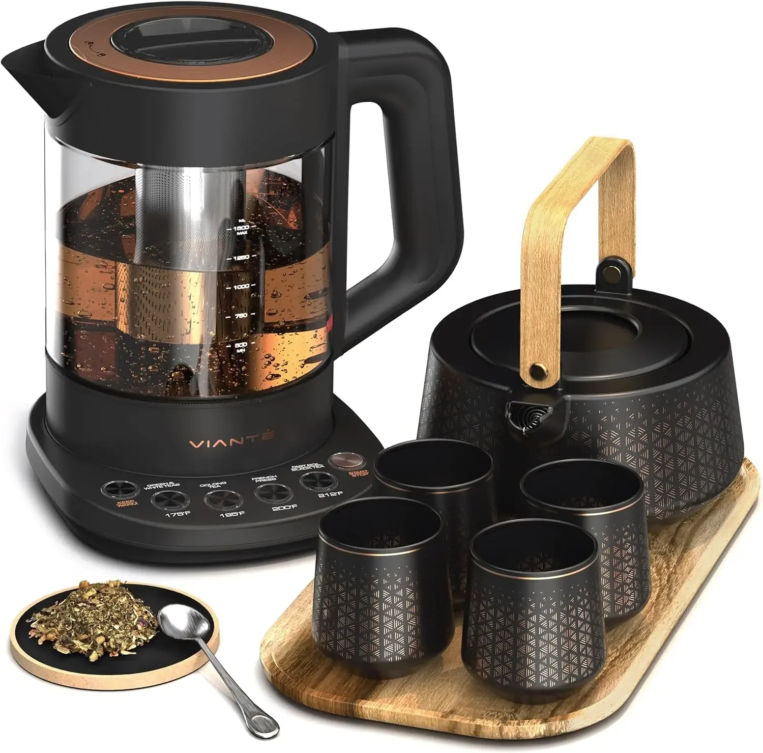 

Electric Kettle with Tea Infuser for Loose Leaf And Ceramic Serving Set. Pot And Cups Set With Wo