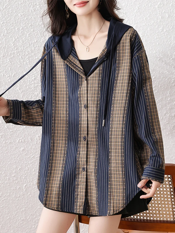 

Аутентичная осень 2023, новая модная универсальная утягивающая клетчатая блузка с капюшоном, женская повседневная длинная блузка из полиэфирного волокна Sve