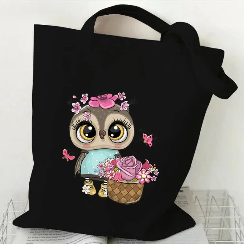 Cartoon Owl  Hand-painted Print Women Handbag Fashion Tote Bag High-capacity Reusable Shopping Bag Kawaii Animal Lady Canvas Bag