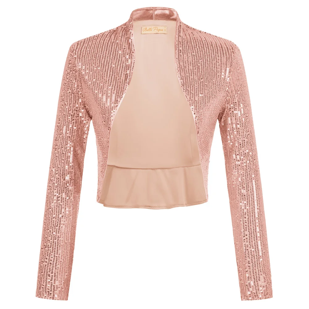 Belle Poque Women\'s Sequin Jacket Long Sleeve Open Front Glitter Cropped Blazer Bolero Shrug Vintage Sequined Ruffled Hem Party