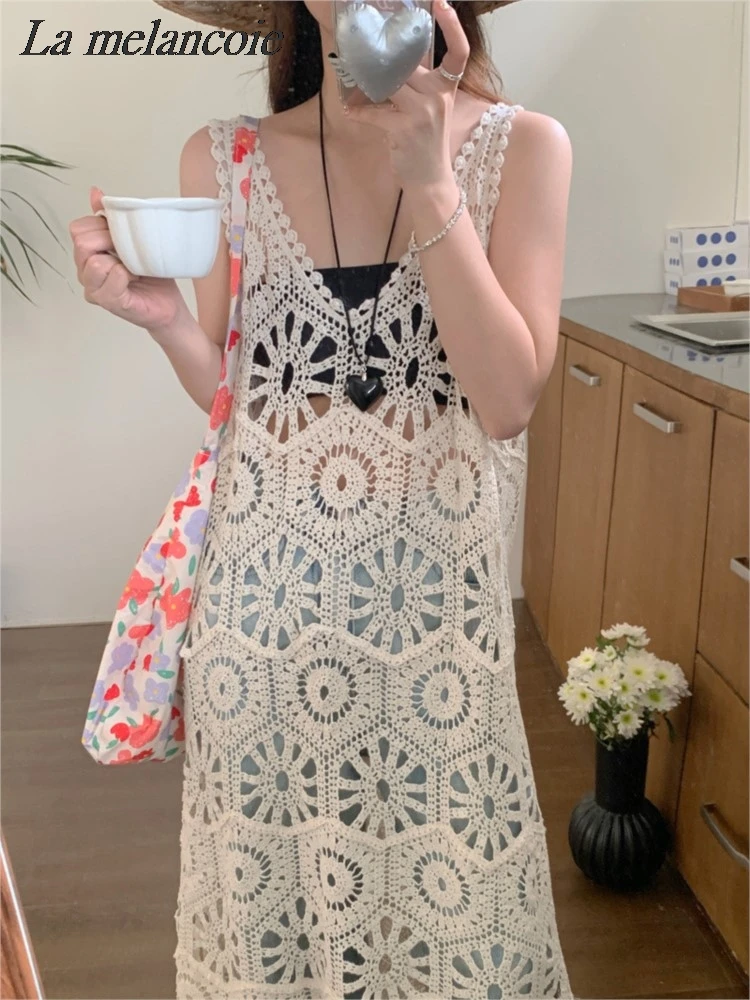 Retro Hook Flower Hollow Knitted Strap Dress For Women Sleeveless Sheer Longline Dresses Summer 2024 Beach Vacation Long Dress