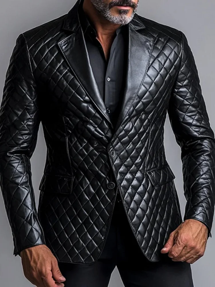 Men's Black Quilted Faux Leather Blazer Single Breasted Slim Fit Lapel Jacket