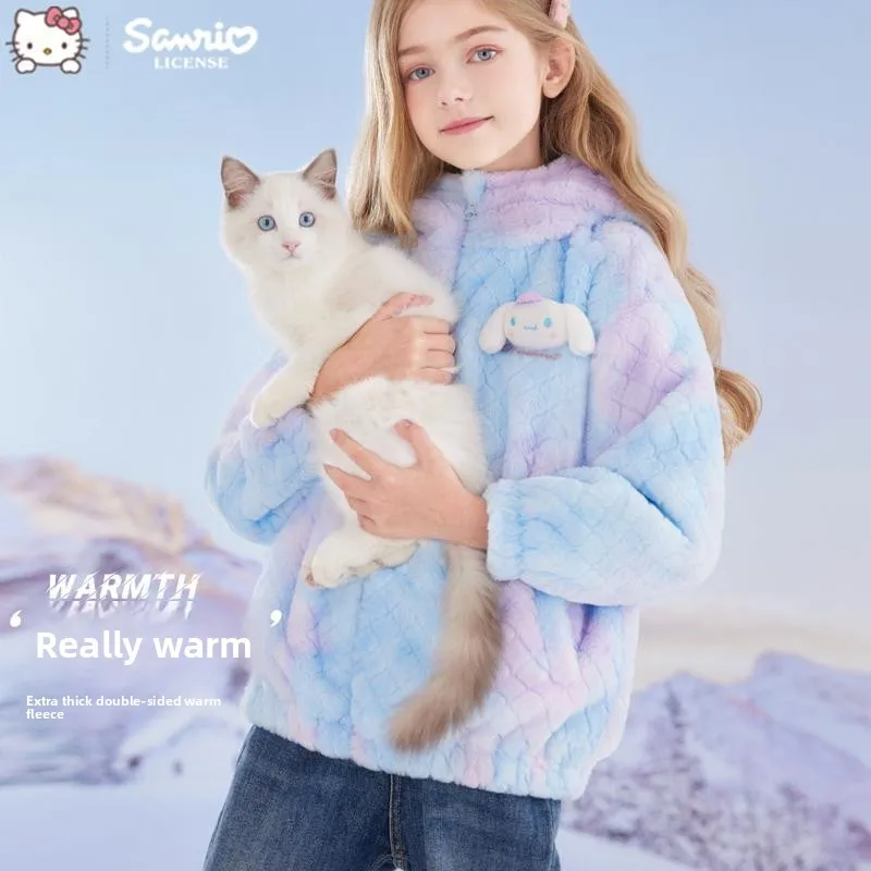 

【Officially authorized】Girls' Autumn and Winter Coat Fleece-lined stylish Color-blocking Gradient Design Casual Warm Top Suitabl