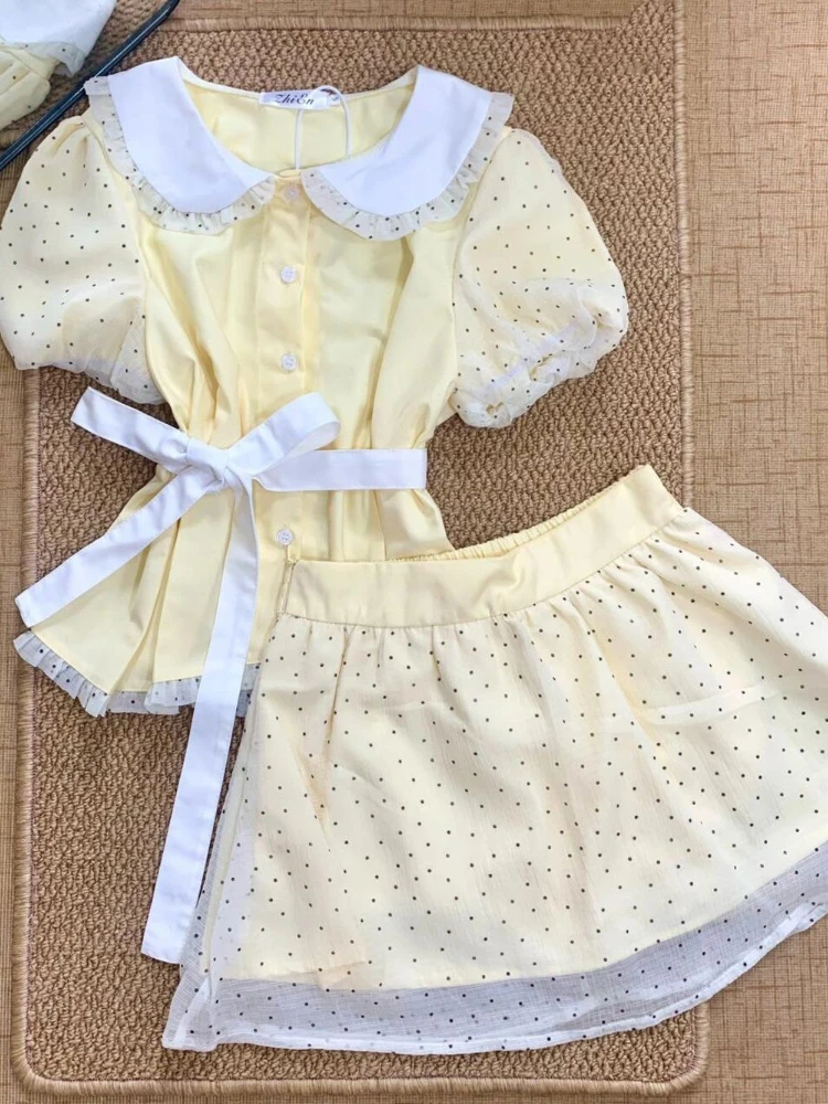 

Японская милая блузка в горошек, женские милые топы с пышными рукавами + эластичная мини-юбка с высокой талией, кавайный желтый повседневный комплект из 2 предметов, новый