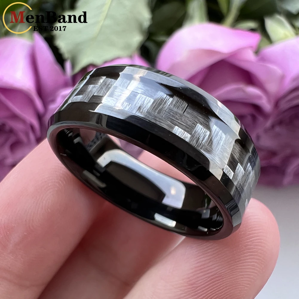 MenBand Fashion 6mm 8mm Tungsten Carbide Rings  Men Women Engagement Wedding Band Gray Carbon Fiber Inlay Comfort Fit