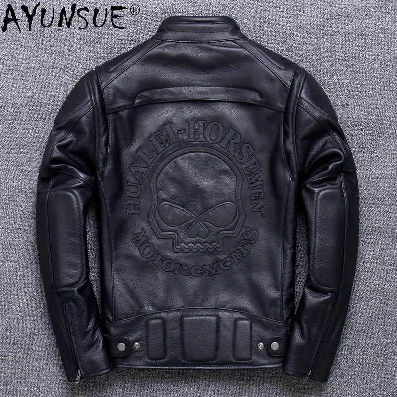 AYUNSUE-Jaqueta de Couro Genuíno Masculina, Casaco de Motociclista, Crânio Bordado, Outono, sqQ342, Novo