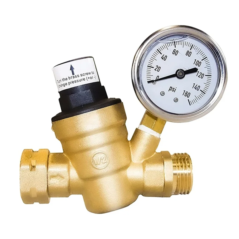 

High Quality RV Water Pressure Regulator Valve Brass With Gauge And Inlet Screened Filter For Camper Trailer