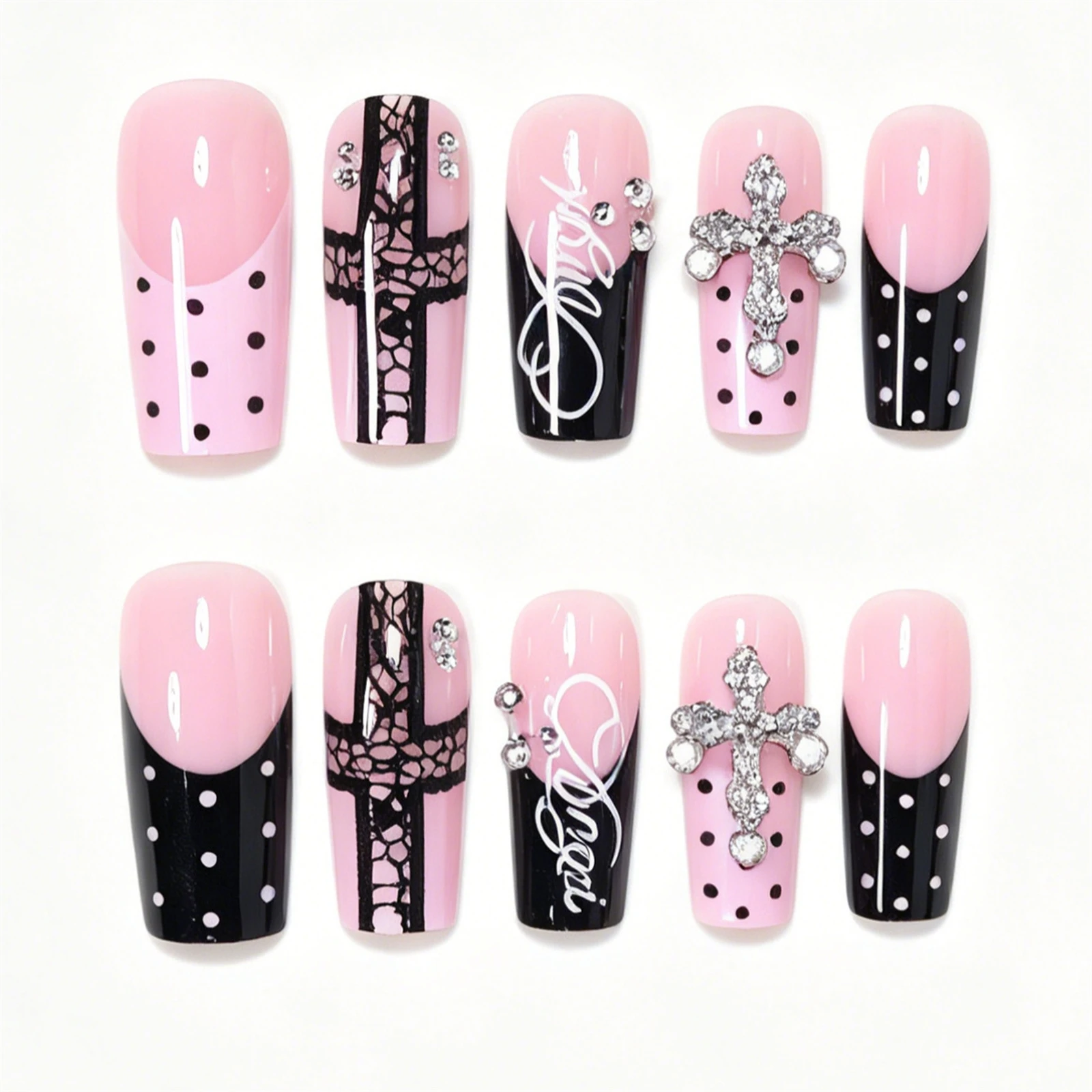 24 Stück Süße Coole Press-On Nägel mit Perlen, Strass, Kreuz- und Spitzenmuster, Polka-Dot-Muster, Falsche Nägel in Rosa und Schwarz, Französischer Stil, Künstliche Nagelspitzen – Detail 8