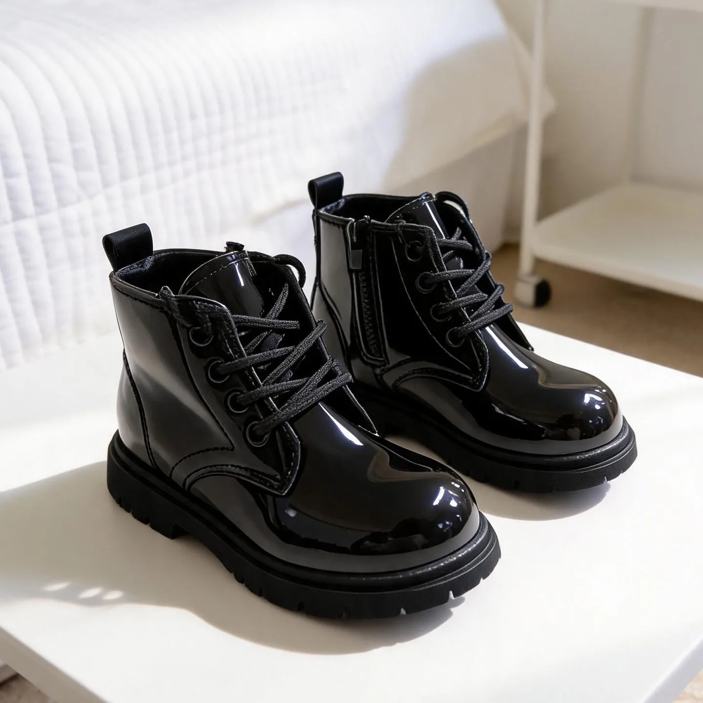 COMFY KIDS Toddler Kids Black Glossy Short Ankle Boots Lace Up Side Zipper Platform Fashion Casual Boots For Boys Girls Daily We