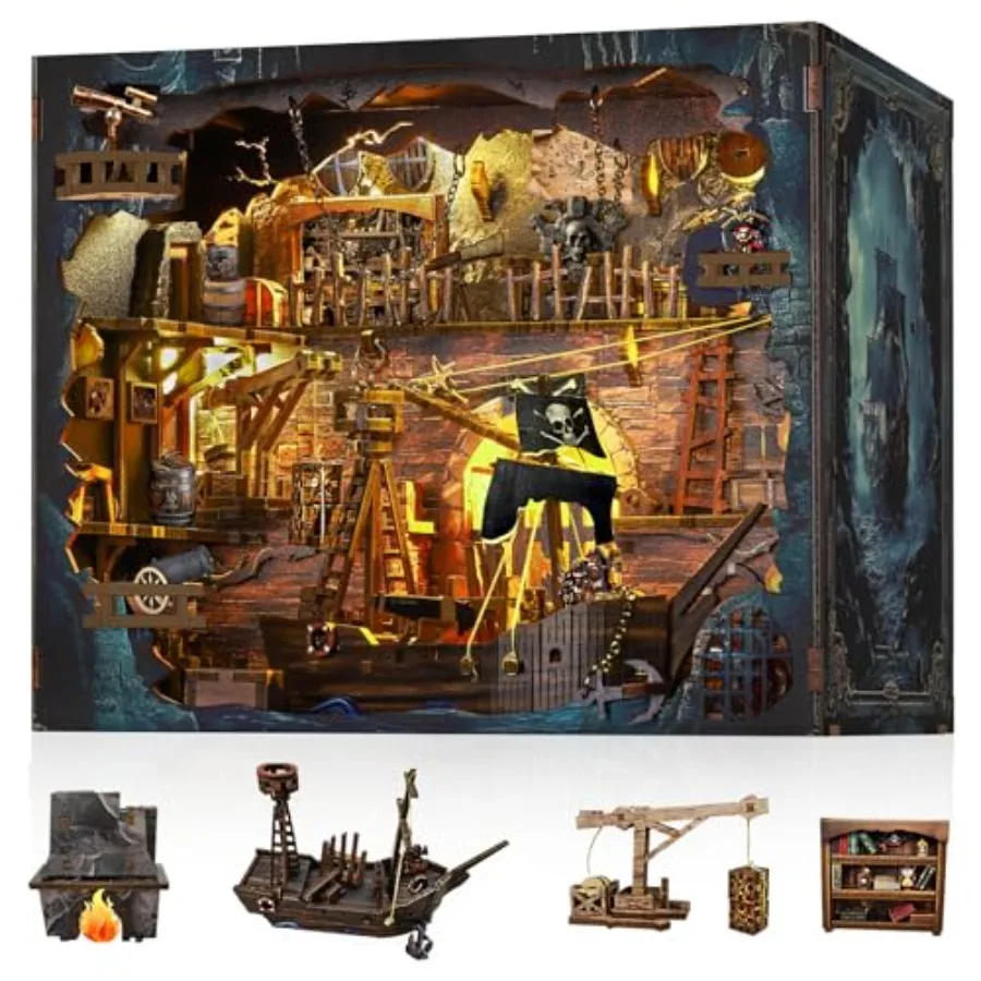 

Набор для сборки книжной полки «Пиратский уголок» - 3D деревянный пазл-конструктор для взрослых и подростков, миниатюрный домик с LED-подсветкой, коричневый цвет