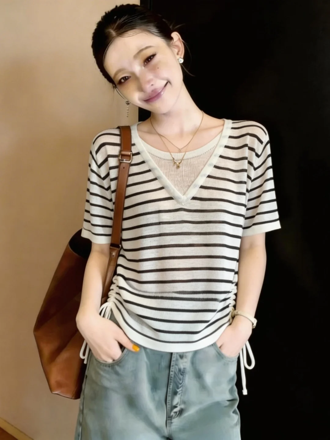 Women's Ice Silk T-shirt V-neck Short Sleeve Drawstring Slimming Top Summer Fashion plus Size Korean Style Knittedwear