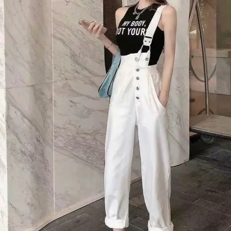 Versione coreana di bretelle in denim a vita alta e pantaloni lunghi per le donne Primavera ed estate Nuovi studenti Vestibilità ampia All-in-one