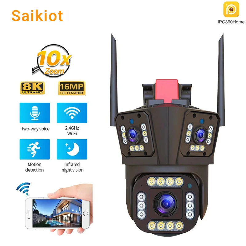 

Saikiot 16MP 10X Optical Zoom 4 Lens 3 Screen WIFI PTZ Camera Auto Tracking Waterproof Outdoor CCTV Security AI WIFI PTZ Camera