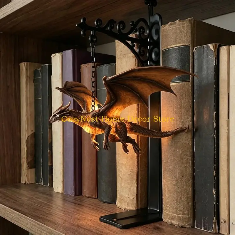 92MF Dragon Bookend Lamp with Warm Light Shelf Accent for Home Shelves