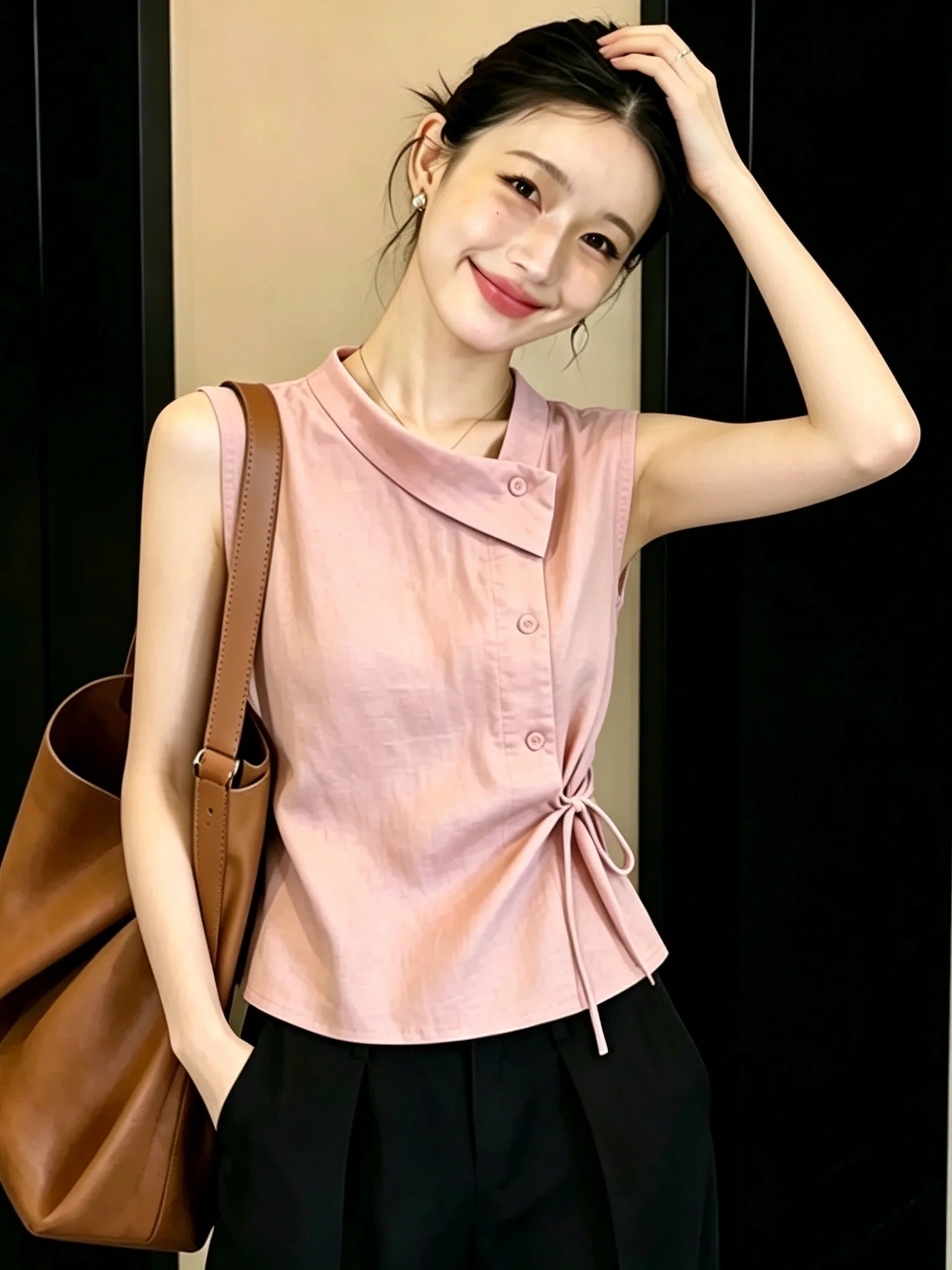 Elegant Asymmetric Collar Sleeveless Vest Shirt Women Summer Design Waist-Cinching Belt Beautiful Top French Style Blouse 3
