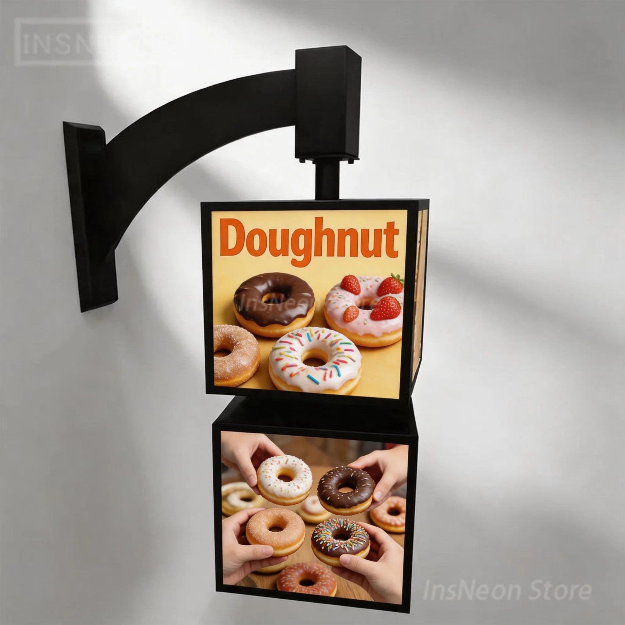 Double Sided Rotating LED Light Box , Custom Wall Mount Illuminated Signboard, Bakery Donut Shop Outdoor Business Signage