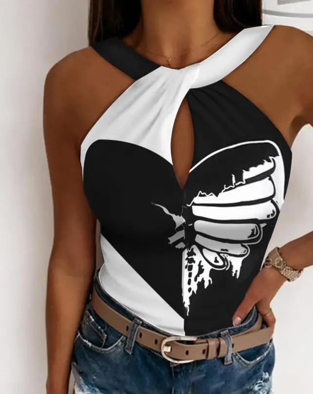 

Tops Women 2022 Trendy Fashion Butterfly Print Colorblock Keyhole Neck Casual Daily Vest Sleeveless Skinny Tank Top Streetwear