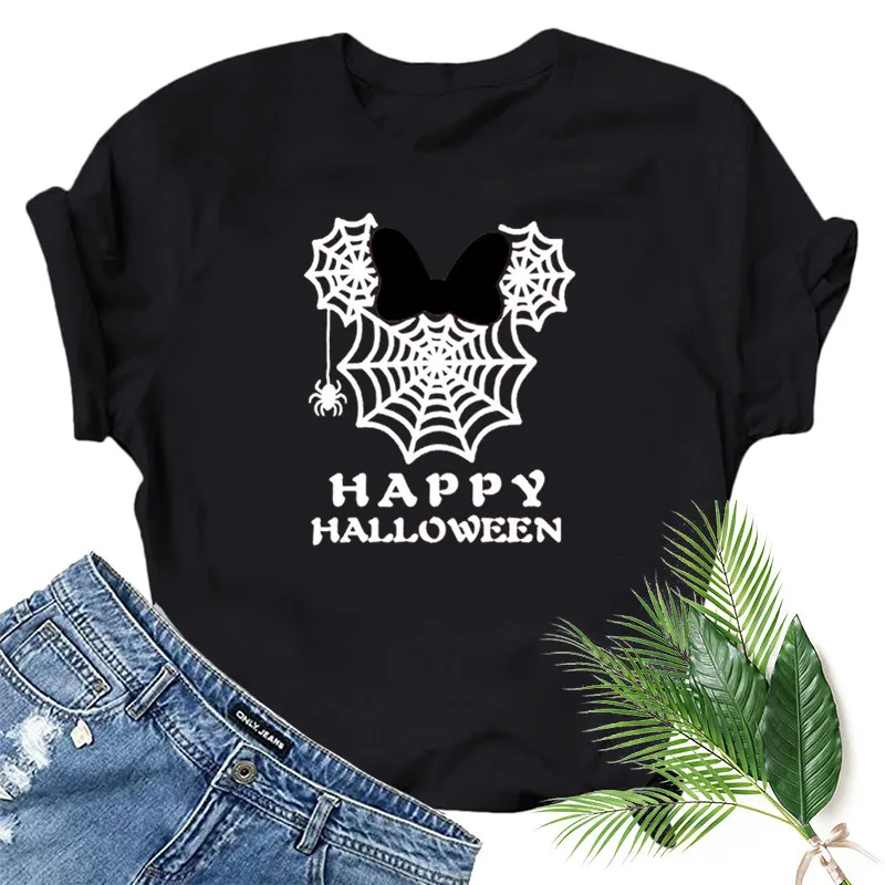 Happy Halloween Spider Web Bow Print T Shirt Women Short Sleeve O Neck Loose Tshirt Women Tee Shirt Tops Camisetas Mujer