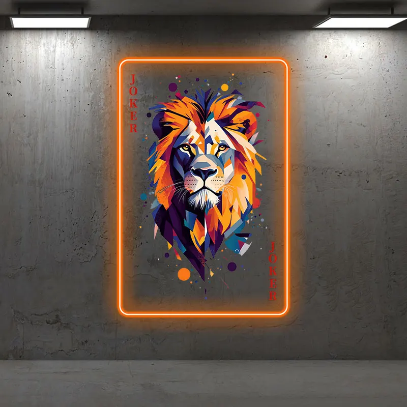 Arte de pared LED de neón Joker Lion: diseño geométrico vibrante con colores audazes, regalo perfecto para sala de juegos, cueva de hombre y decoración moderna