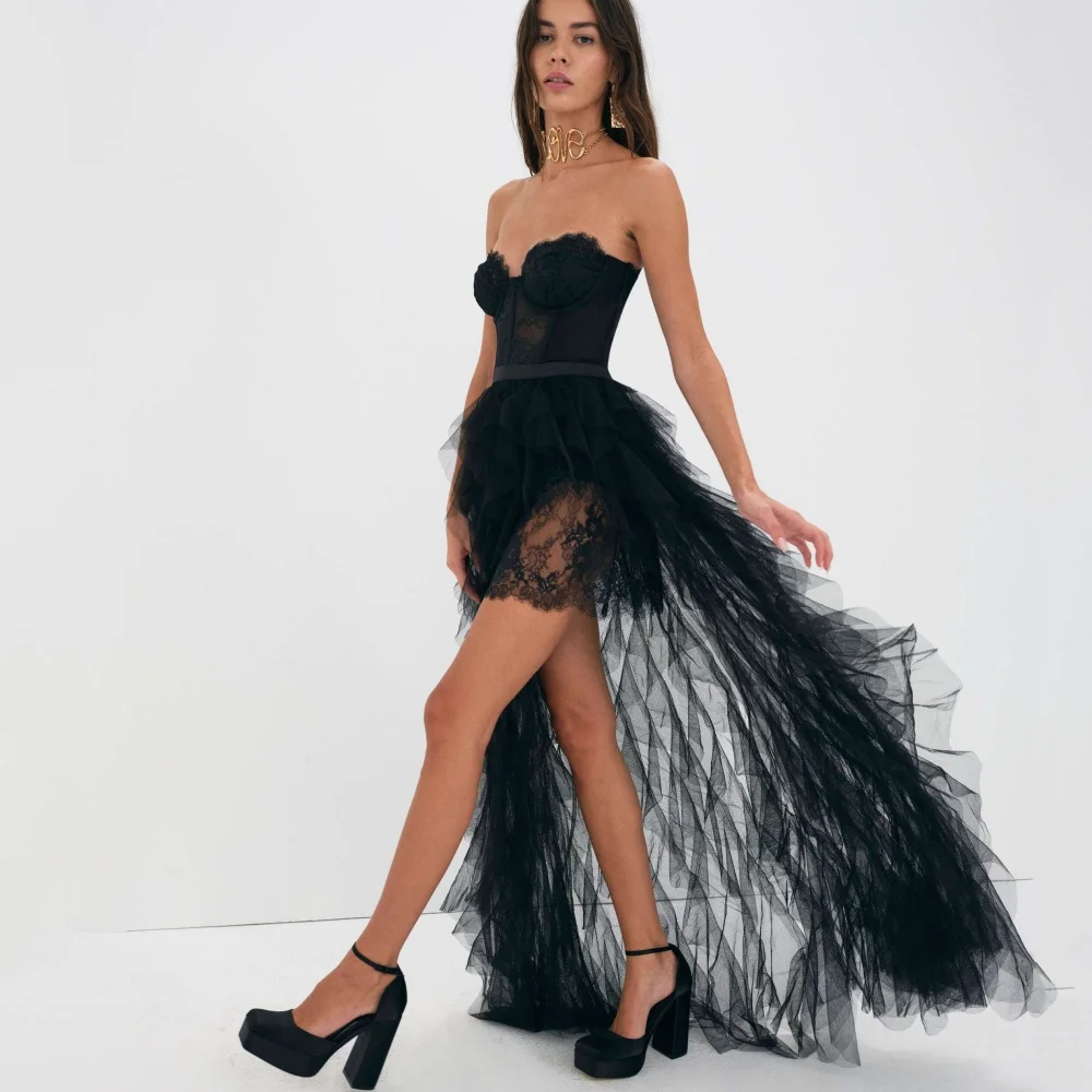 Customized Sexy Tulle Prom Dresses Sweetheart A Line Party Gowns Lace Illusion Black New Evening Dress Vestidos De Novia