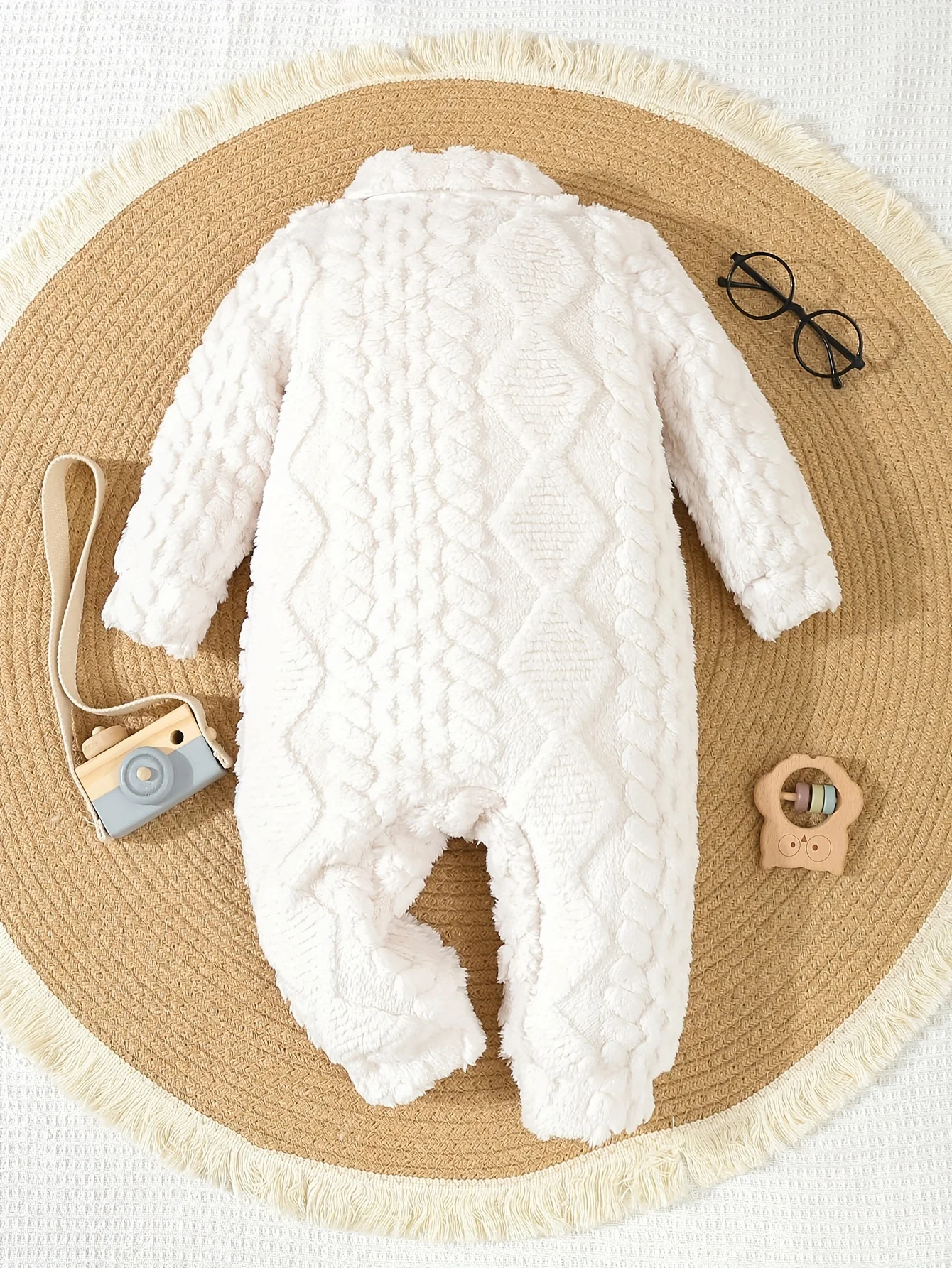 Baby Boy Autumn Winter Warm Fur Lapel White Onesie Baby Girl Jacquard Plush Long Sleeve Pants Clothing Cute Comfortable Soft