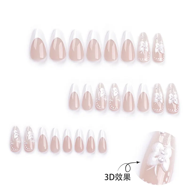 24pcs/box3D bow wear nails white manicure internet celebrity Xiaohongshu pure desire star wear fake nails