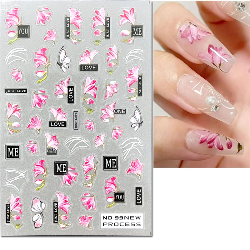 3d Nail Art Stickers Full Tips Pink Peony Flowers Leaves Adhesive Sliders Decals For Nails Decorations Manicure Accessories