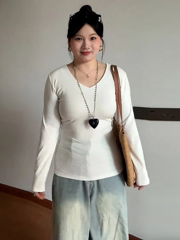 

Женская модная базовая футболка Slim Fit с длинным рукавом и V-образным вырезом больших размеров, осенняя новинка, тонкий элегантный топ