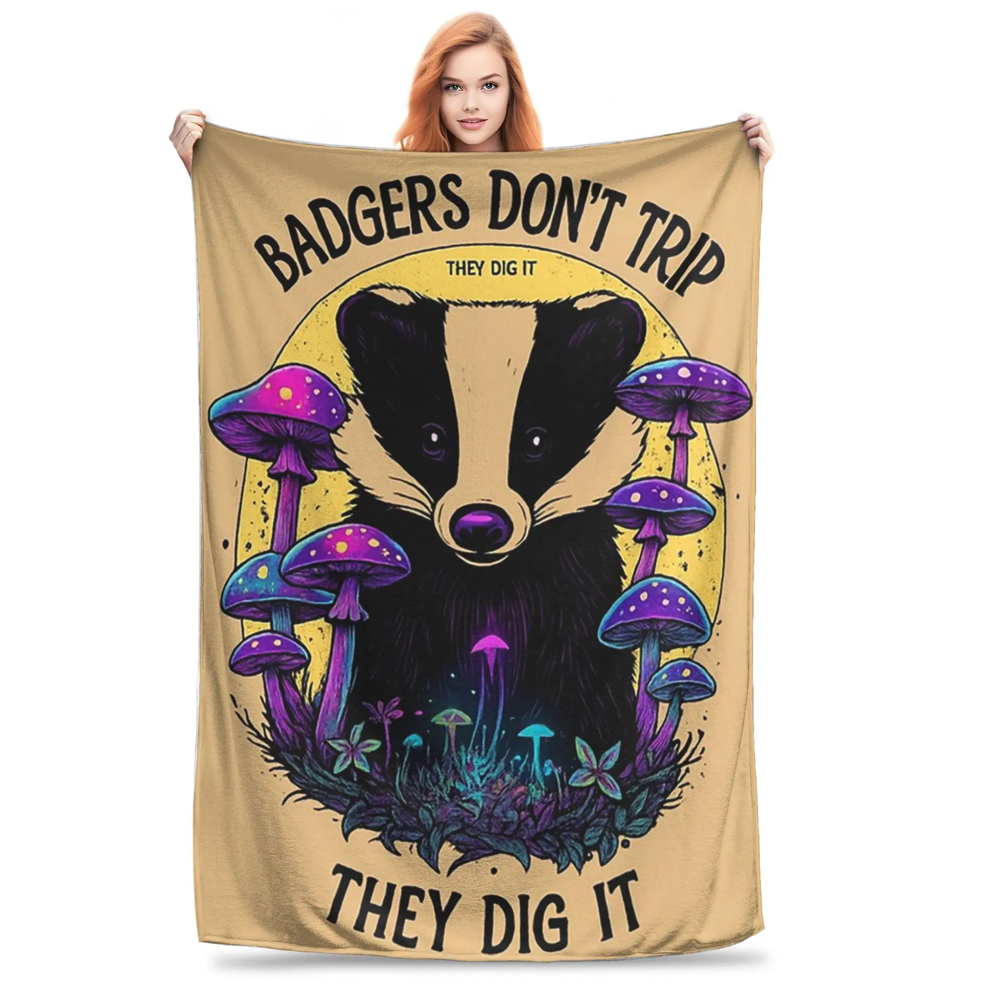 Funny Badger and Mushroom Badgers Don’t Trip They Dig It Blankets Multi-function Fleece Sofa Throw Blanket for Home Bedroom